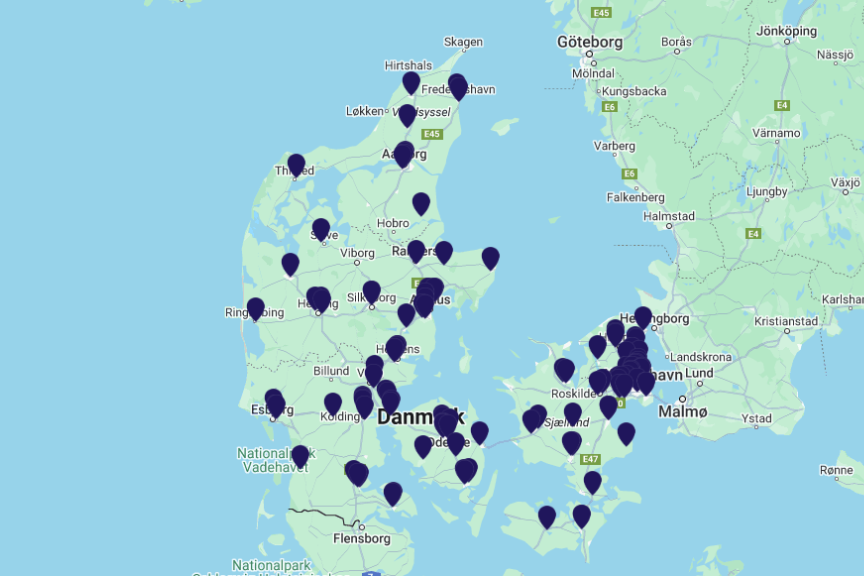 Danmarks kort med nåle i de byer, hvor Solgt.com har forhandlere